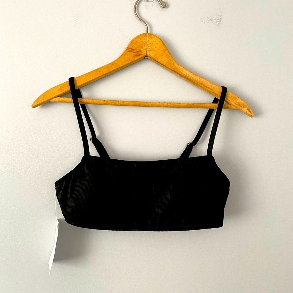 NWT Fortune Swimwear Size Sm Black Ribbed Bikini Top, Sandra Spaghetti Bandeau